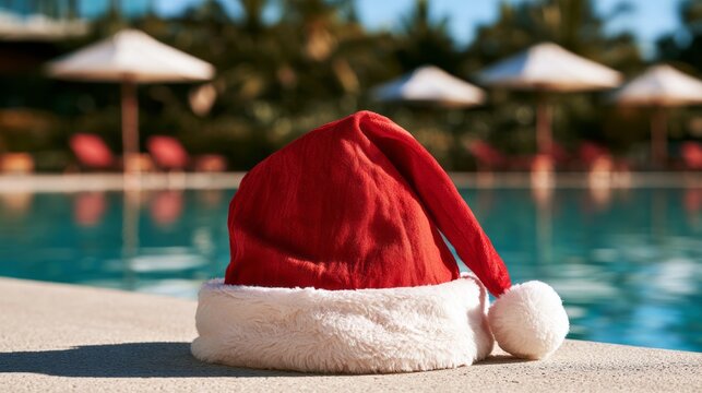 Authentic santa claus hat near swimming pool at luxury resort, festive christmas holiday decoration in tropical summer vacation setting, seasonal celebration and winter holiday concept