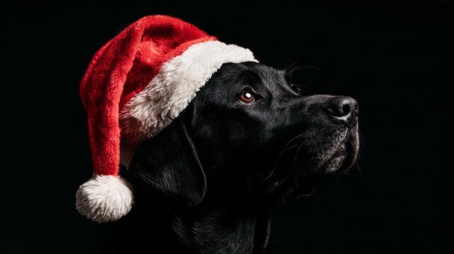 Black dog wearing a red santa hat, cute christmas holiday portrait with festive winter spirit, adorable pet celebrating christmas, seasonal celebration and cheerful holiday concept
