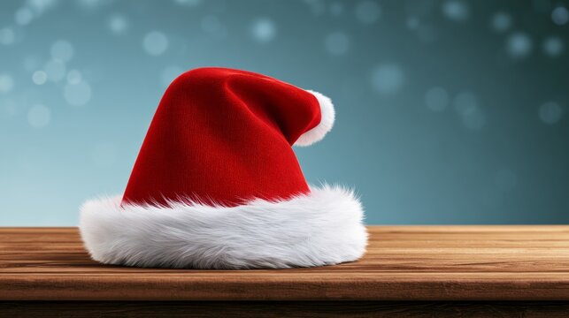 Christmas background with red santa hat, festive holiday decoration, winter celebration concept, seasonal christmas atmosphere, cozy traditional holiday design with copy space