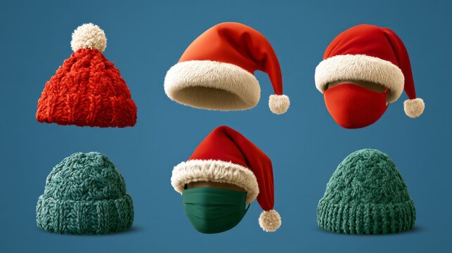 Collection of christmas santa claus hat and festive holiday mask 3d realistic vector icon set, knitted winter hats and seasonal celebration accessories isolated on background