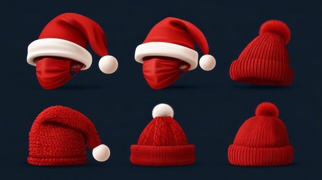 Collection of christmas santa claus hat and festive holiday mask 3d realistic vector icon set, knitted winter hats and seasonal celebration accessories isolated on background