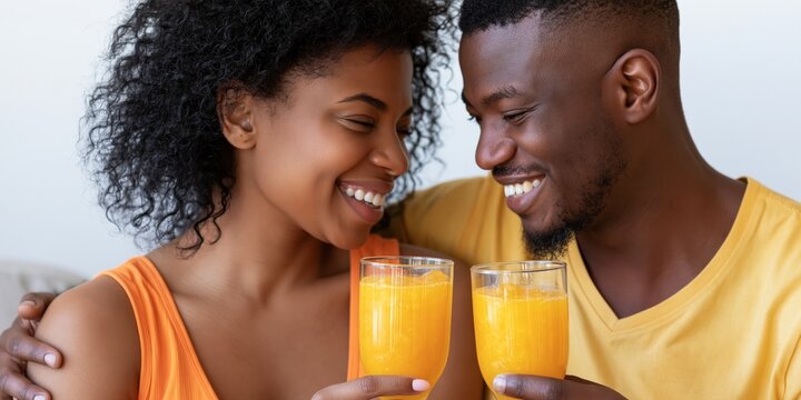 African american couple smiling, drinking orange juice, embracing, showing love and togetherness