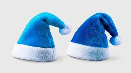 Fototapeta premium Cyan and blue christmas hats set isolated on white background, festive winter holiday santa caps collection for christmas celebration, seasonal decoration, party costume and new year concept