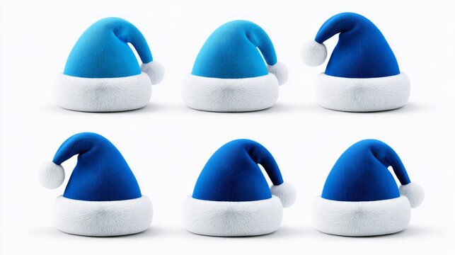 Cyan and blue christmas hats set isolated on white background, festive winter holiday santa caps collection for christmas celebration, seasonal decoration, party costume and new year concept