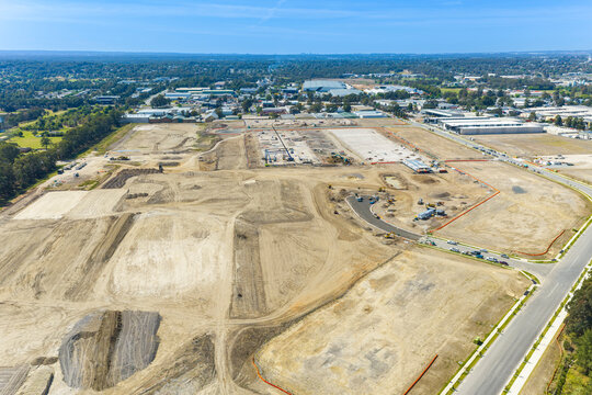Aerial photograph of the new and developing Nepean Business Park that is under heavy construction in the Western Sydney town of Penrith in New South Wales, Australia