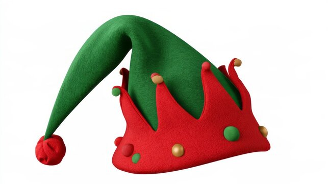 Festive green and red elf hat with decorative details isolated on transparent background, whimsical christmas holiday headwear for seasonal celebrations, winter party costume accessory and merry new y