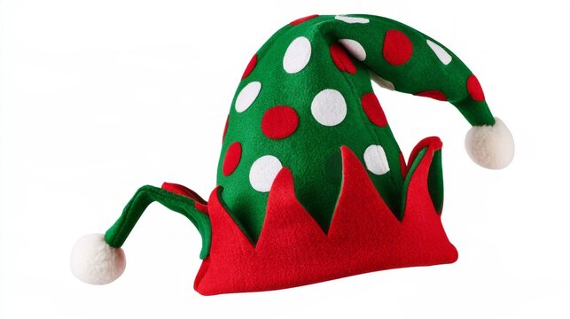 Festive green and red elf hat with decorative details isolated on transparent background, whimsical christmas holiday headwear for seasonal celebrations, winter party costume accessory and merry new y