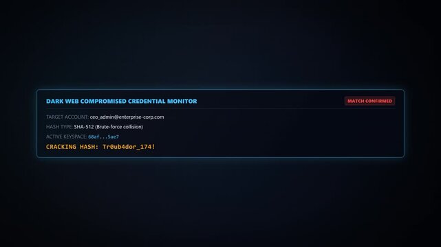 Dark Web Compromised Account Hash Cracker Decrypting Password Code In 4K Seamless Loop On Dark Cyber Terminal