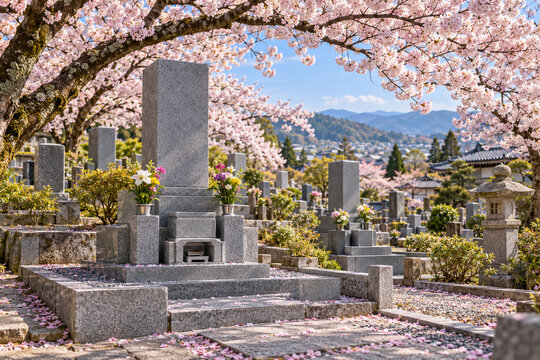 満開の桜に囲まれた墓地