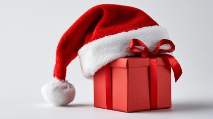 Fototapeta premium Santa claus hat with christmas gift box, festive holiday decoration for seasonal celebration, winter christmas concept with traditional red hat and wrapped present