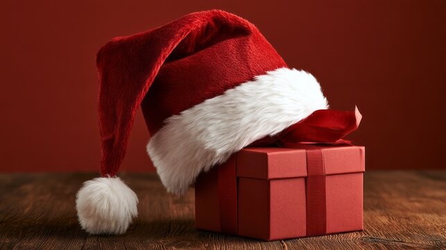 Santa claus hat with christmas gift box, festive holiday decoration for seasonal celebration, winter christmas concept with traditional red hat and wrapped present