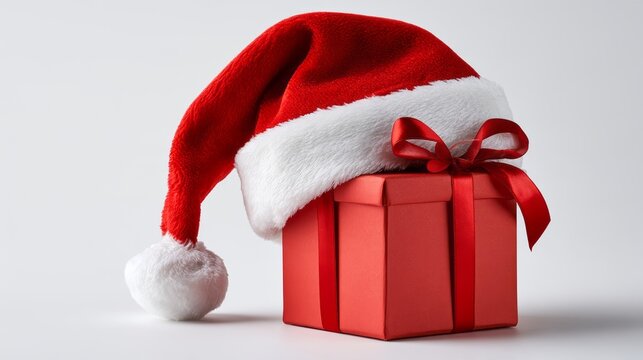 Santa claus hat with christmas gift box, festive holiday decoration for seasonal celebration, winter christmas concept with traditional red hat and wrapped present