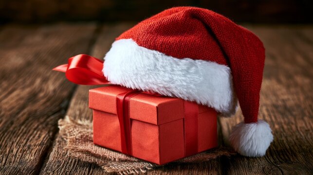 Santa claus hat with christmas gift box, festive holiday decoration for seasonal celebration, winter christmas concept with traditional red hat and wrapped present