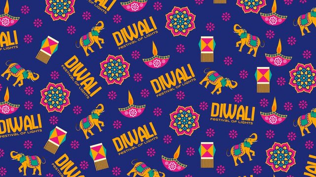 4K seamless video: dark blue pattern of yellow decorated elephants, pink glowing diyas, hanging kandil lanterns, mandalas, and diagonal Diwali typography. Ideal for festive backgrounds.
