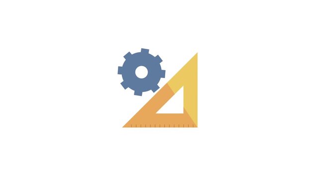 Flat vector animated blue gear intersecting with a technical yellow triangle ruler