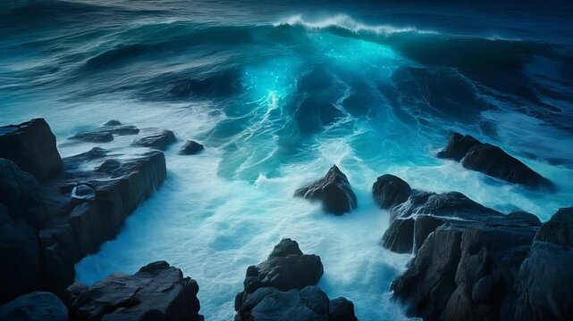 Turquoise Ocean Waves Crashing on Rocky Shore at Dusk