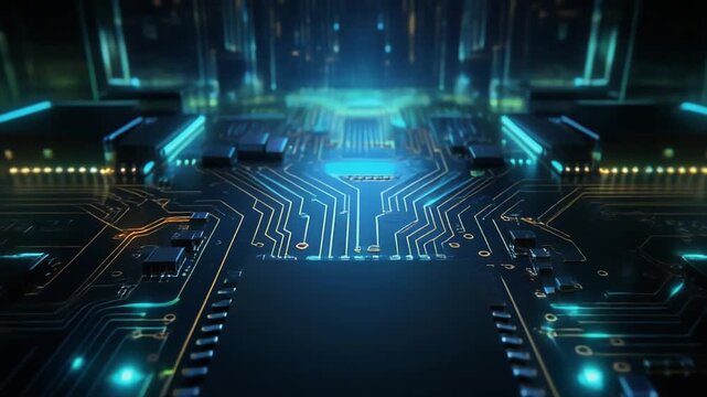 Futuristic Circuit Board with Glowing Blue CPU and Digital Network Connections