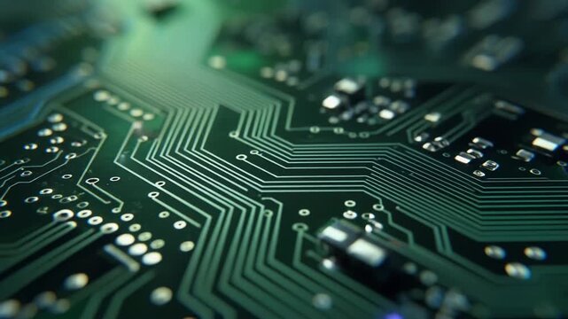 Abstract Electronic Circuit Board Green Background, Technology, Computer Chip, Data Flow