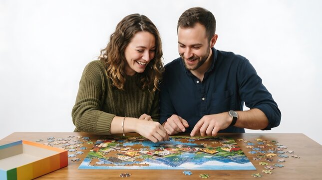Happy couple smiling while assembling a colorful jigsaw puzzle on a wooden table at home studio