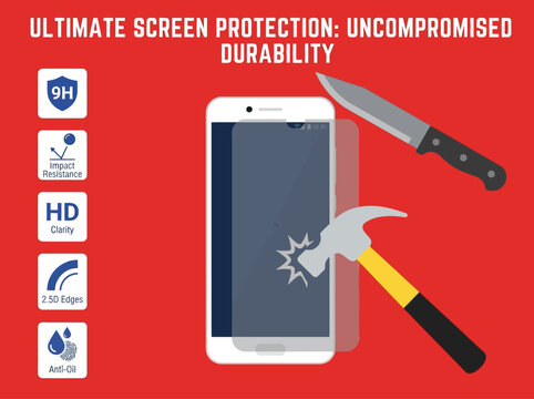 Ultimate Smartphone Screen Protector Graphic Illustrating 9H Hardness Durability and Impact Resistance with Hammer and Knife Icons on Red Background