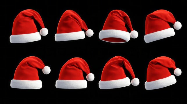 Set of red santa claus hats isolated on white background, festive christmas holiday headwear collection for winter celebrations, party decorations, greeting cards, seasonal designs and new year concep