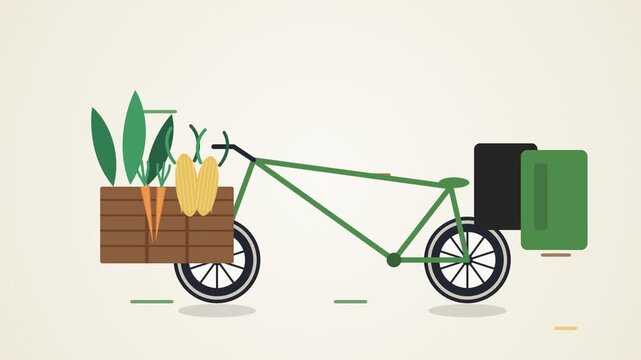 Green cargo bike hauling vegetable crate past motion lines on beige background in flat static side profile 2d animation