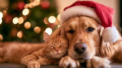 Fototapeta premium Red cat and golden retriever wearing festive red santa hats with pompons, celebrating christmas together against warm glowing holiday lights, cozy winter celebration, joyful seasonal companionship and