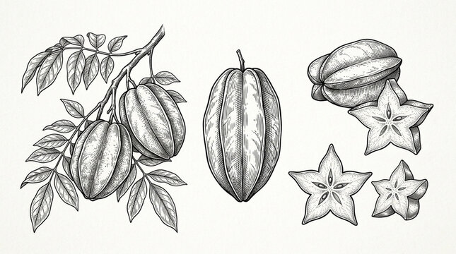 Detailed botanical sketch of starfruit and carambola with leaves and fruit slices for botanical illustration