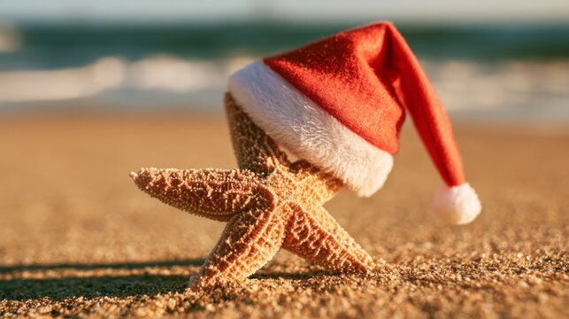 Starfish in sandy beach wearing a red santa hat, christmas holiday celebration concept, tropical coastal summer and winter festive season background with copy space