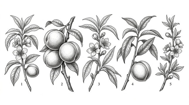 Detailed botanical illustration of various stages of fruit-bearing branches with leaves and blossoms in grayscale for scientific