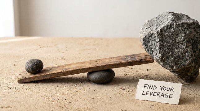 Wooden lever balancing a large rock on a stone fulcrum