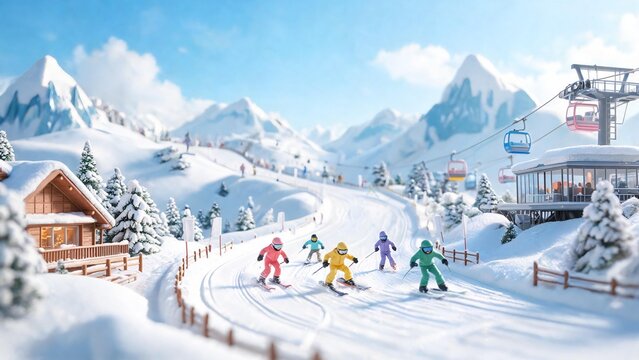 Miniature diorama of a snowy alpine ski resort with colorful skiers on a slope, a chalet, ski lift, and snowy mountains under a bright blue sky.