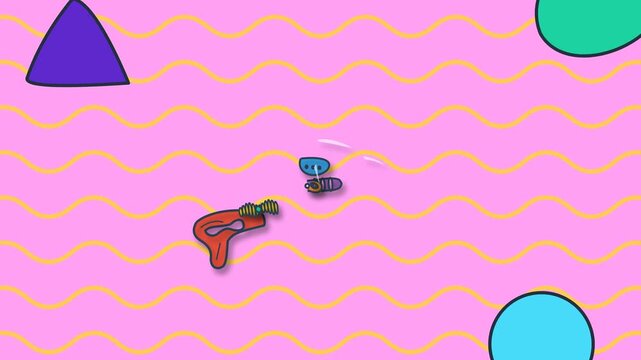Exploded view of a retro 2D cartoon ray gun disassembling and assembling against a colorful pink background with geometric 80s style shapes