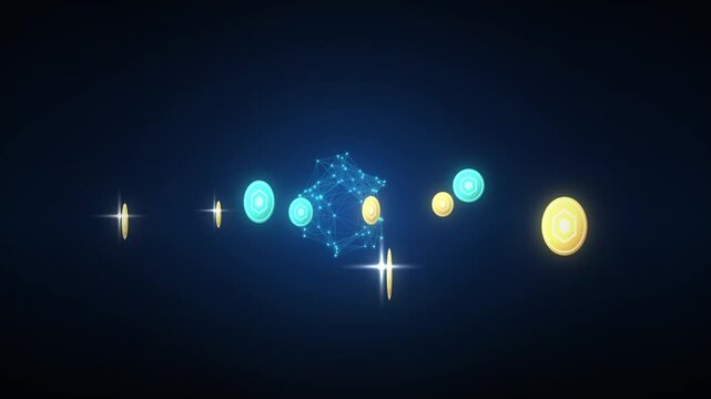 Digital currency transaction concept with glowing coins and abstract network nodes on dark background