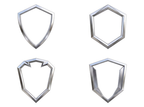 Set of 3D render silver metallic shield frames isolated on black background