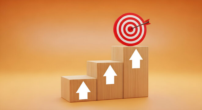 Strategic Growth Business Concept Featuring Wooden Blocks with Upward Arrows Reaching a Red Bullseye Target for Professional Success and Achievement