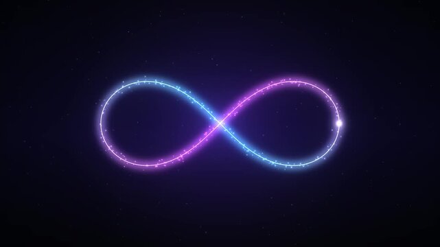 Glowing neon infinity symbol with pink and blue lights transitions through a dark starry background representing eternity and endless possibilities