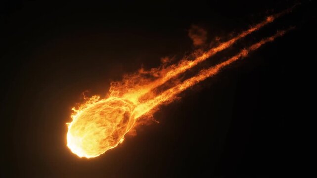 燃える橙色の火球が尾の炎を引いて斜めに落ちる 黒背景の流星