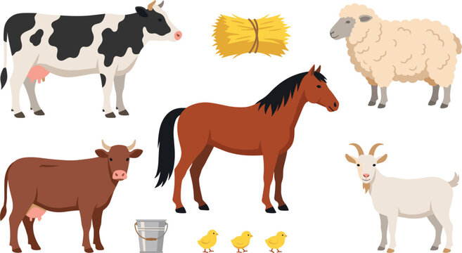 Cute cartoon farm animals vector illustration collection featuring friendly livestock characters cow horse sheep goat and baby chicks isolated on white