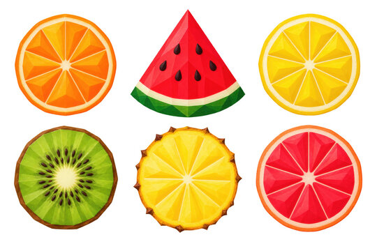 Collection of low poly geometric fruit slices including orange, watermelon, lemon, kiwi, pineapple, and... isolated on a transparent background