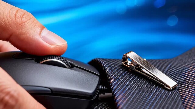 Close up hand pressing computer mouse with tie clip on dark suit fabric