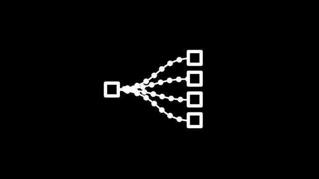 White hierarchy branch diagram icon with connected nodes on black background for data structure workflow network sitemap and organization concepts