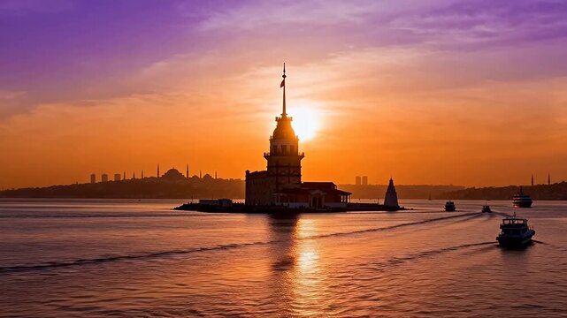 Sea pier with tower building and boats at sunset