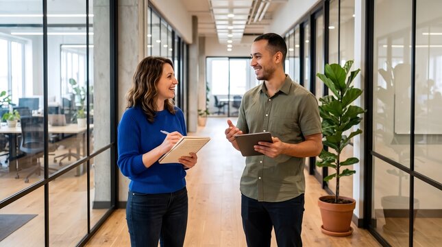 Professional man and woman collaborating in a modern office hallway while reviewing documents with office collaboration