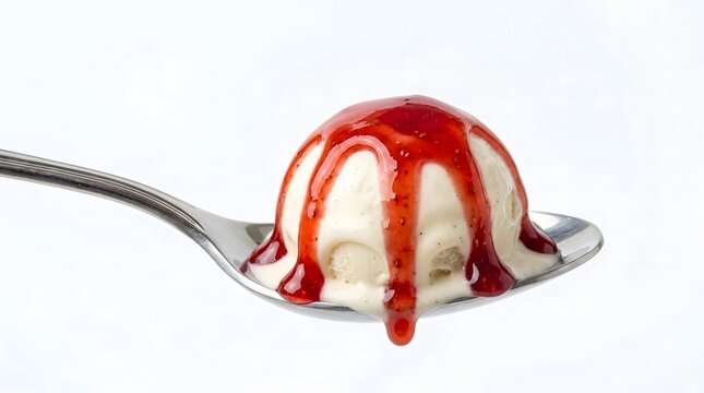 Single scoop of creamy vanilla ice cream topped with rich red strawberry syrup on a metal spoon dessert spoon sweet treat frozen food strawberry