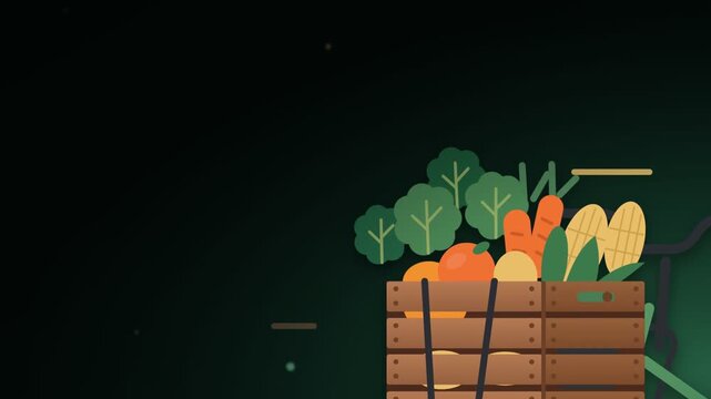 Wooden vegetable crate with carrots and corn moving past speed lines on dark gradient background in flat static closeup