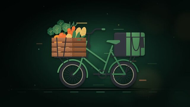 Green cargo bike carrying vegetable crate past motion lines on dark background in static flat side profile 2d animation