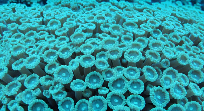 Underwater macro photography of vibrant green coral polyps flourishing on a tropical reef ecosystem in the clear blue ocean