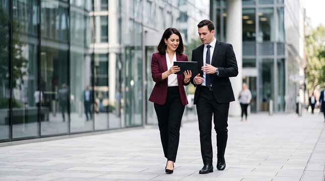 Business people walking together outdoors in financial district while discussing work with corporate team business man business woman city street
