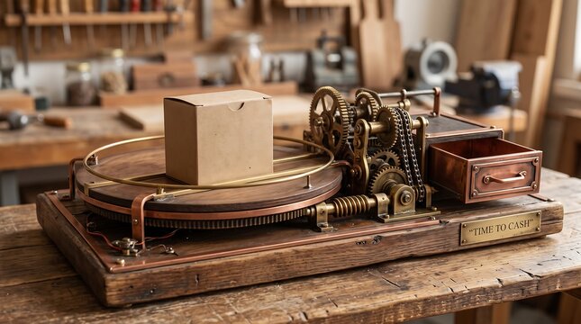 Vintage mechanical device with cardboard box in wood workshop